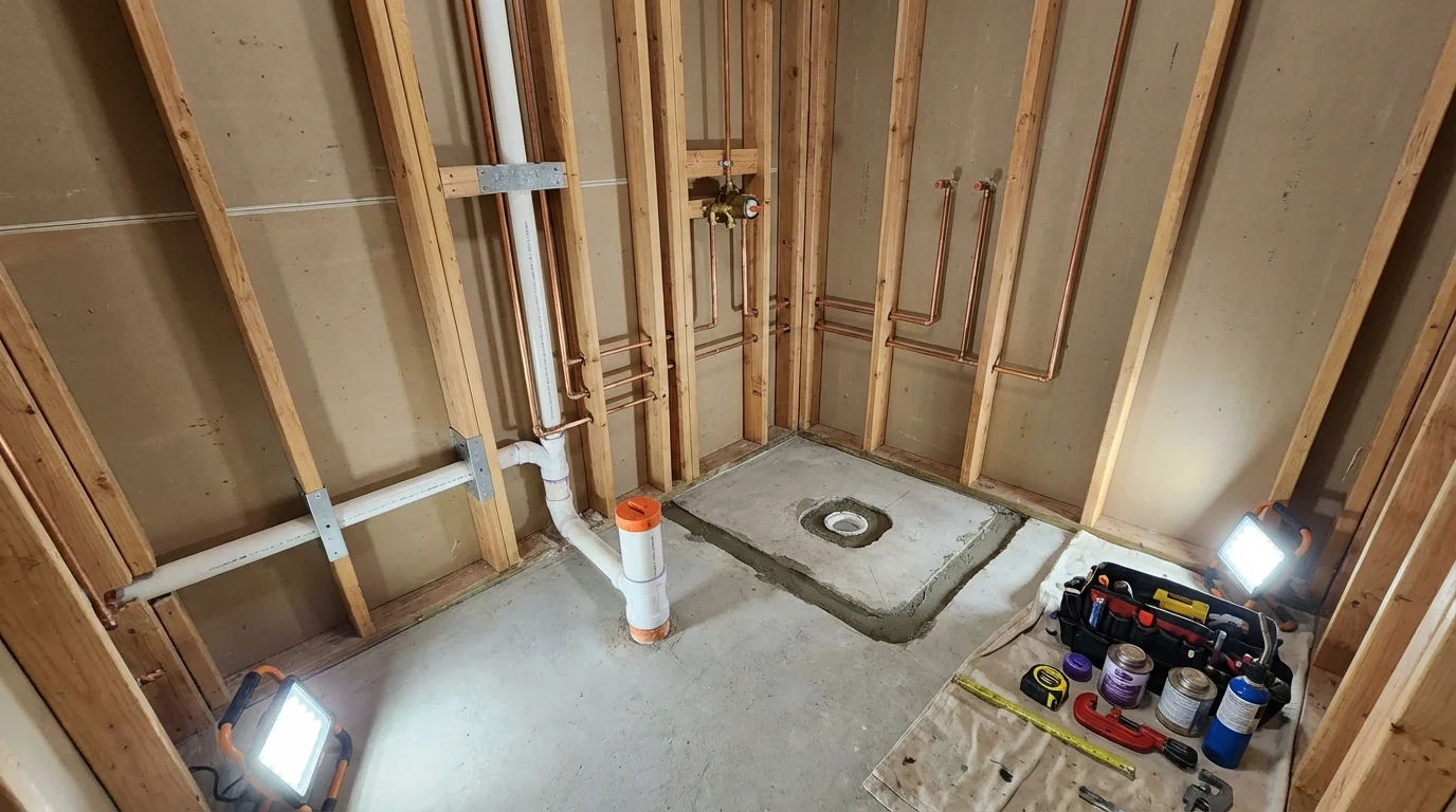 Bathroom rough-in plumbing during remodel by Johns Plumbing LLC in Orland Park