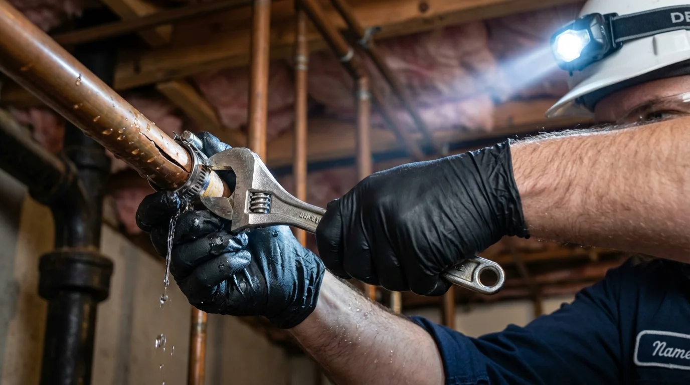 Emergency pipe clamp repair being performed by a Johns Plumbing LLC plumber in Orland Park