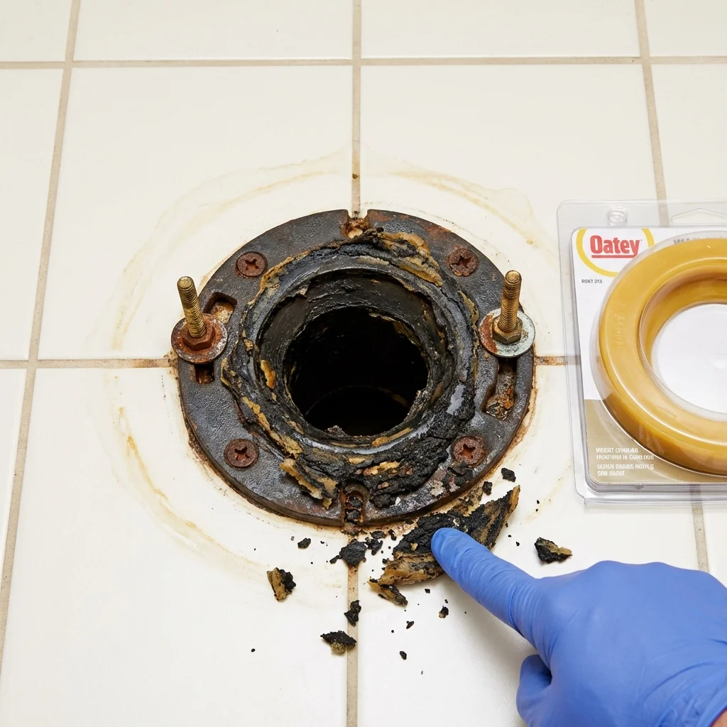 Failed wax ring showing water seepage at the base of a toilet in a Orland Park, IL home