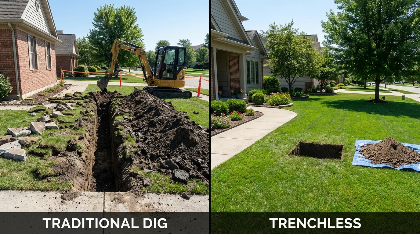 Trenchless sewer repair with minimal yard damage versus traditional excavation in Orland Park, IL