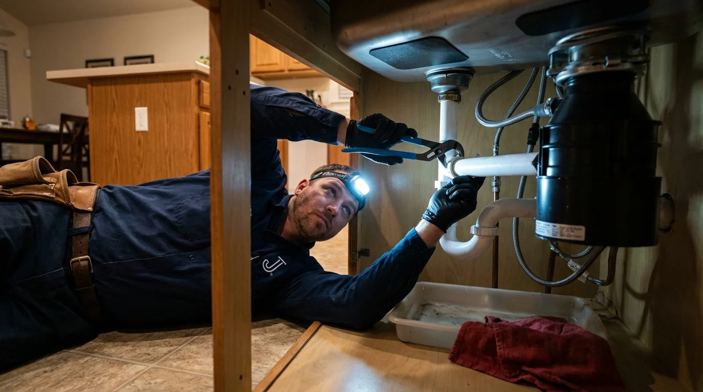 P-trap and supply line connections under a kitchen sink showing a common leak point in Orland Park, IL